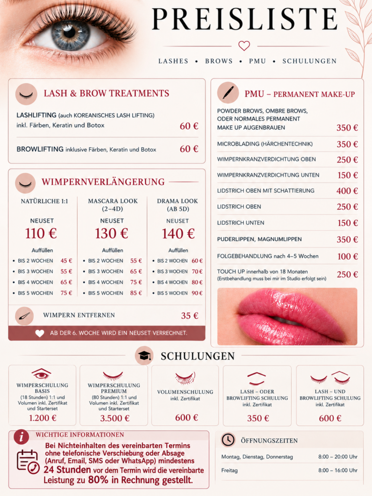 Preisliste für Permanent Make up, Wimpernschulungen, Wimpernverlängerungen, Microblading, Lash und Browlifting, Schulungen Lash und Browlifting